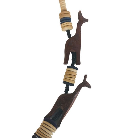 Wood Carved Animal Necklace Giraffe Elephant Brown Blue Purple Barrel Clasp 27” - Picture 6 of 7